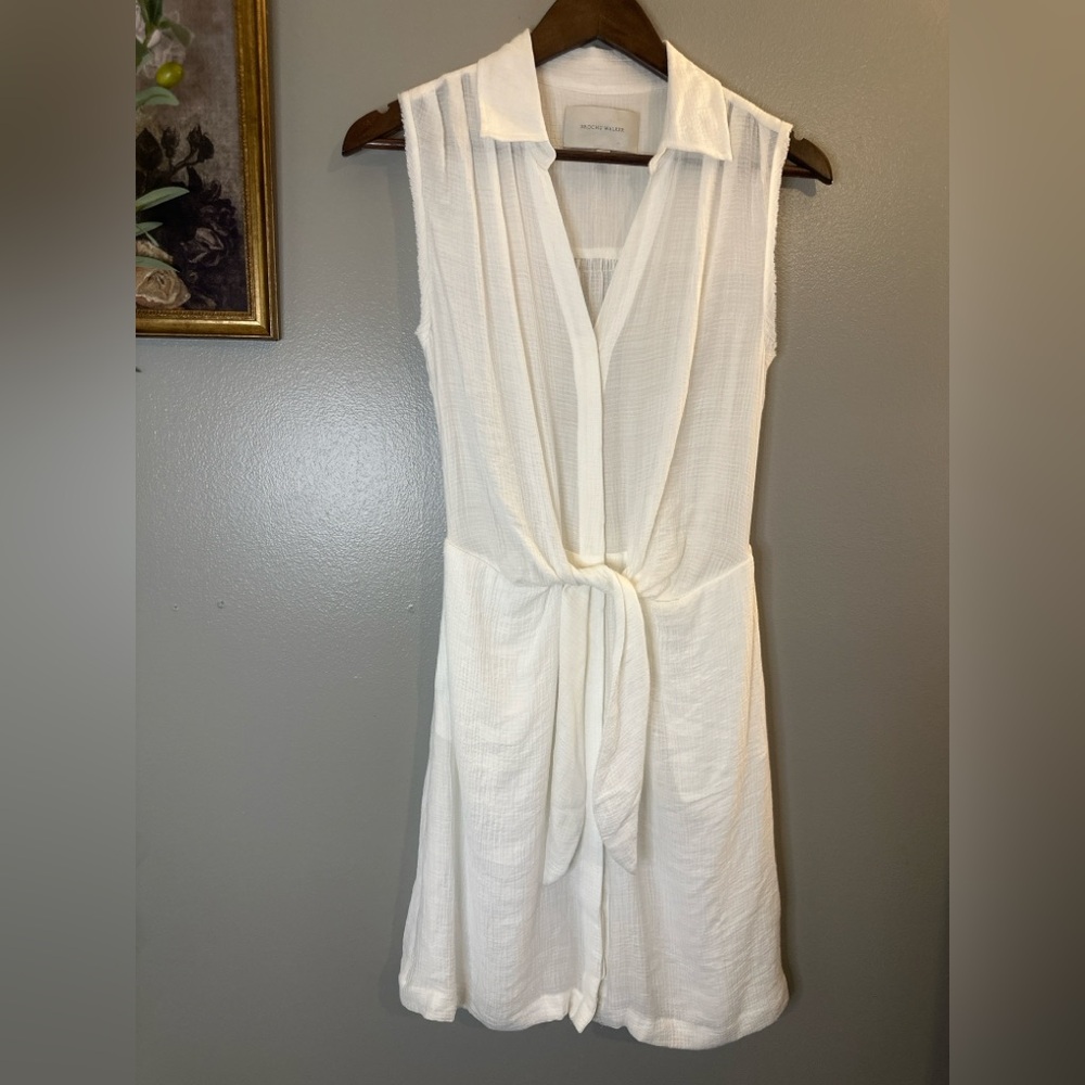 Brochu Walker White Belted Shirt Dress Sleeveless Gauze Mini Pockets Lined S - Picture 3 of 8